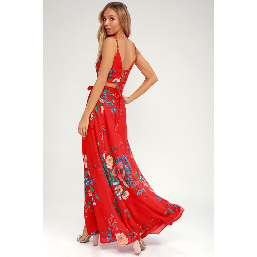 Lulus Bloom With A View Red Two-piece Maxi Dress - Size S